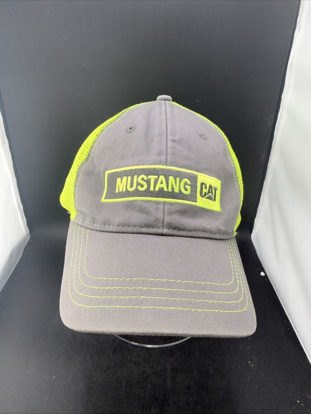 Mustang CAT Trucker Hat Gray Hi Vis Green Mesh Hook & Loop Adjustable Cap